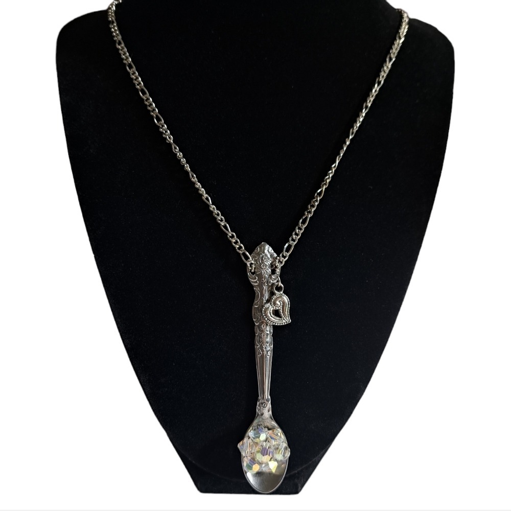 Women's Silver Tone Clear Rhineston Spoon Necklace Rhinestone Size 15.5 …